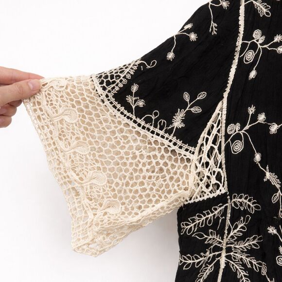 NWT Anthropologie Kindred 2X Black Ivory Embroidery Boho Kimono Cardigan Crochet - Picture 7 of 12